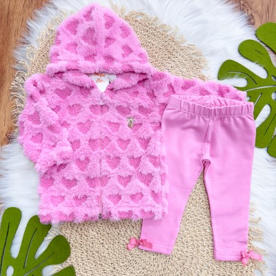 Conj. Jaqueta de Pelinho de Corações e Calça Legging - Pink